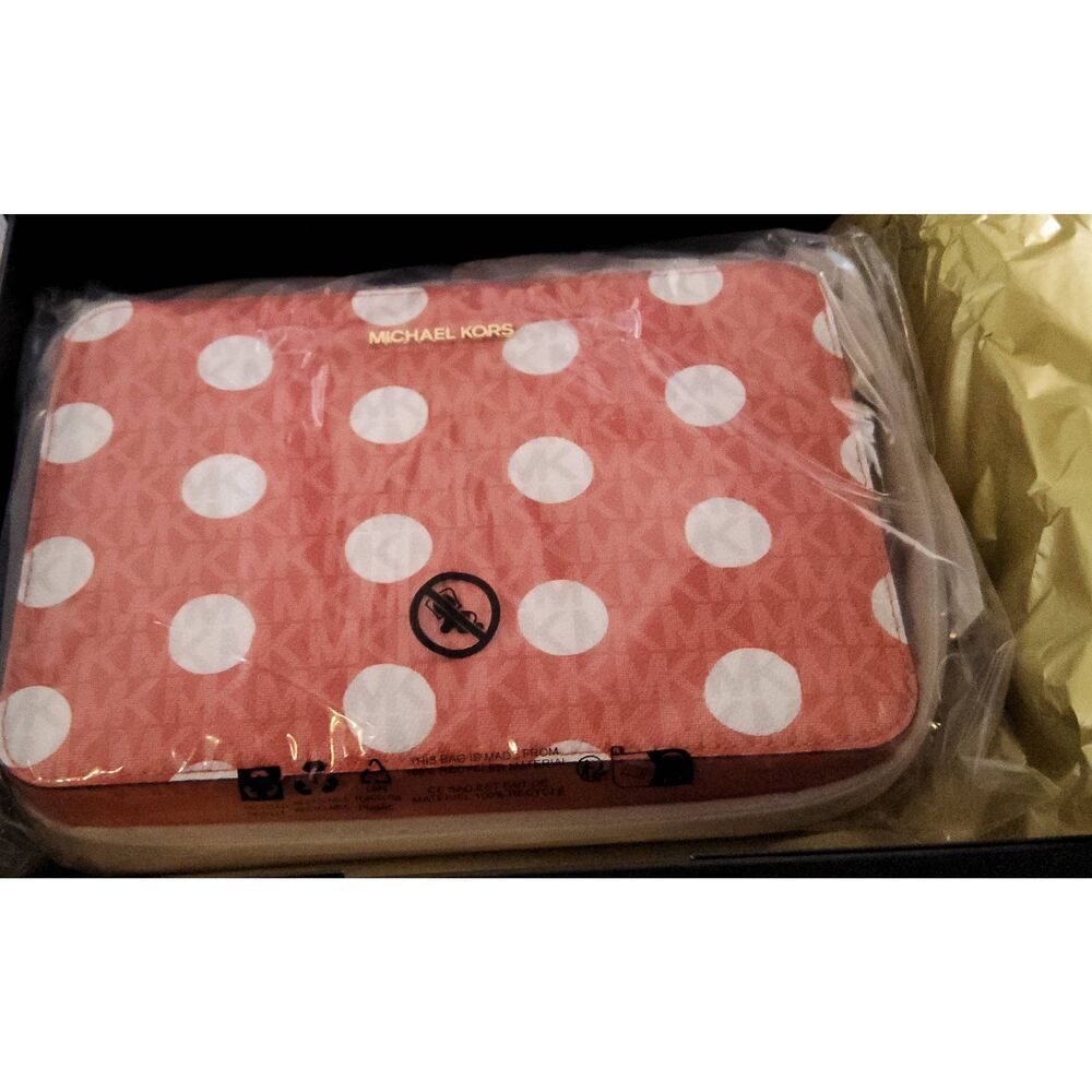 NWT~GIFTBOX~MICHAEL KORS Large Jet Set Red Clay Polka Dot Sig Logo Crossbody Bag - Picture 6 of 7